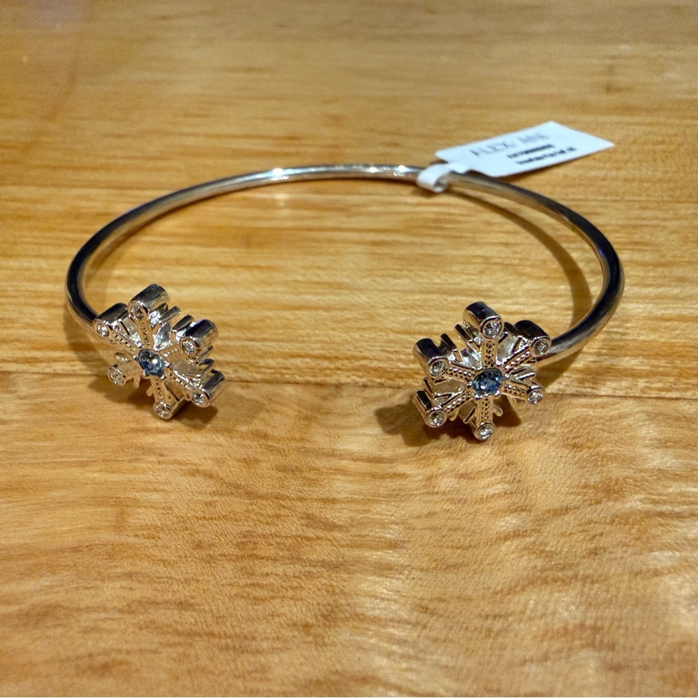 Alex + Ani Silver Cuff Bracelet with Blue Crystal Snowflakes